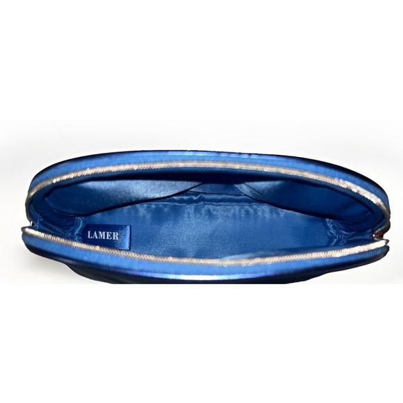 LA MER Metallic Blue Saffiano Cosmetic Makeup Bag Case Pouch Zipper NEW - Picture 7 of 8